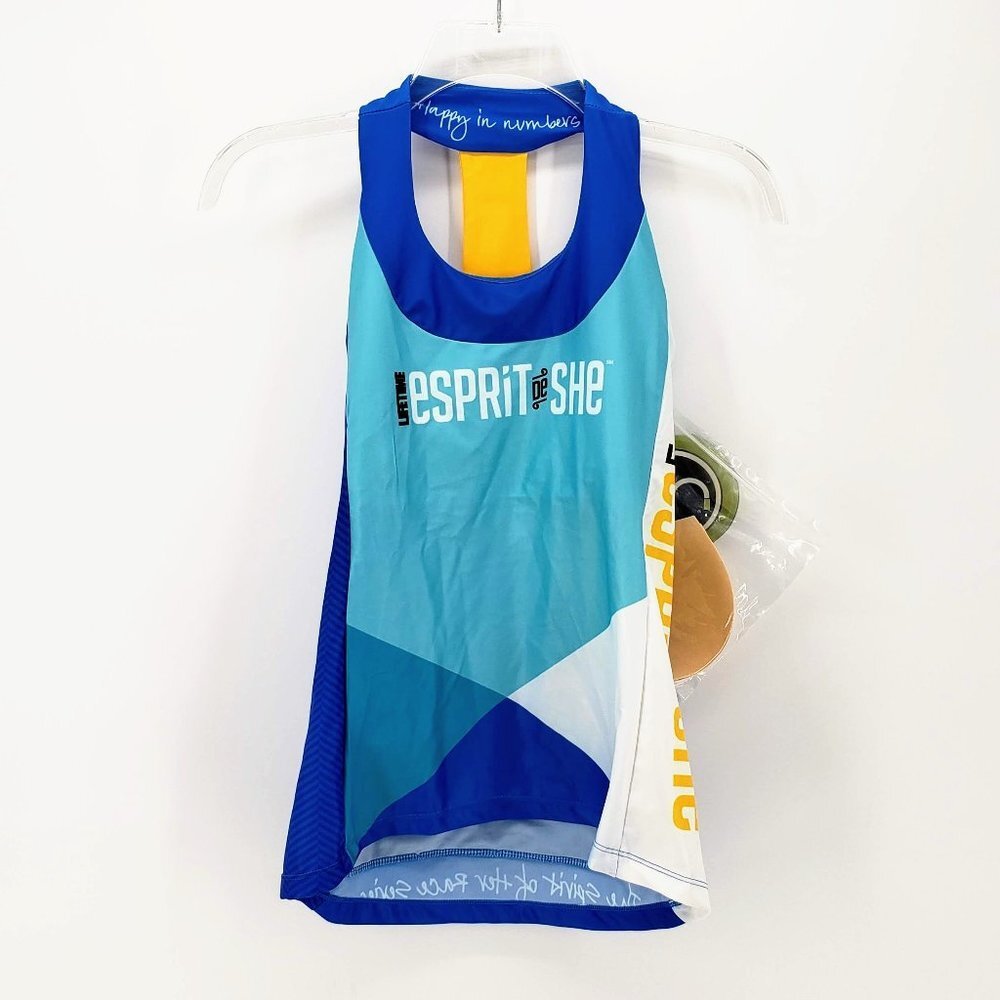 MOXIE nwt Racerback Cycling Tank Top Blue Yellow "Esprit de She" Race Series S